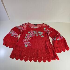 Curations Red Embroidered Crochet Blouse Size M – Boho, Bell Sleeve, Festival